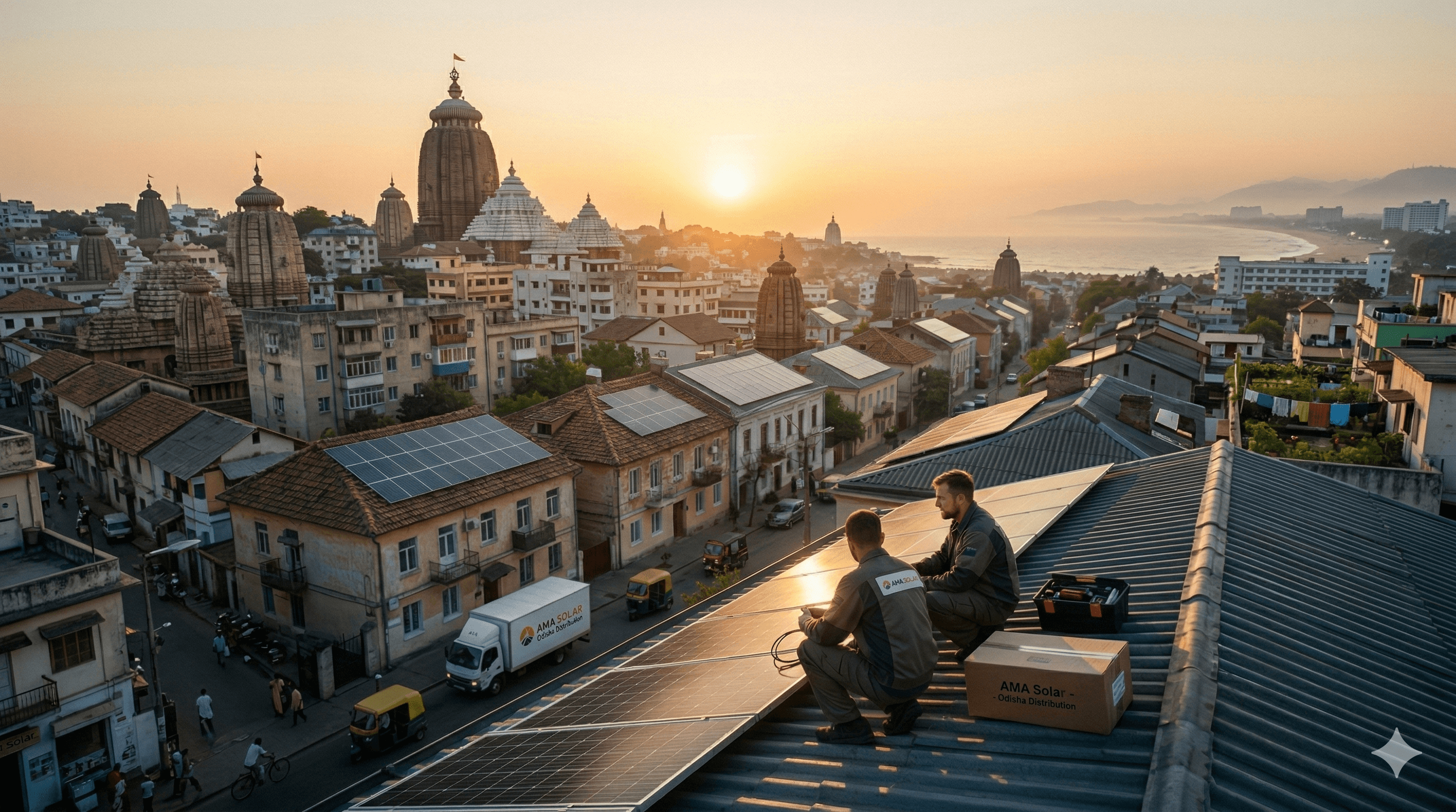ଆମ Solar team installing rooftop solar panels in Odisha at sunset